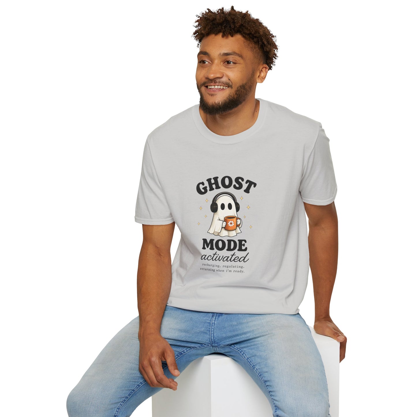 Ghost Mode T-Shirt — Cute Ghost with Headphones & Coffee
