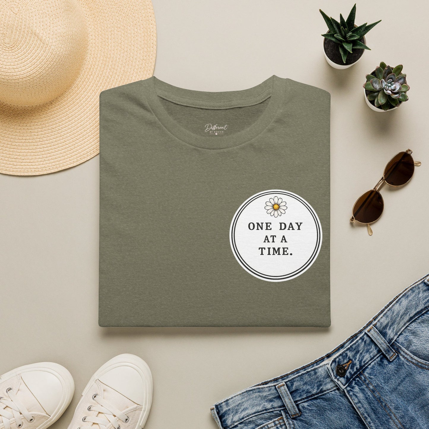 T-Shirt — "One Day at a Time" Daisy Minimalist Inspirational Tee