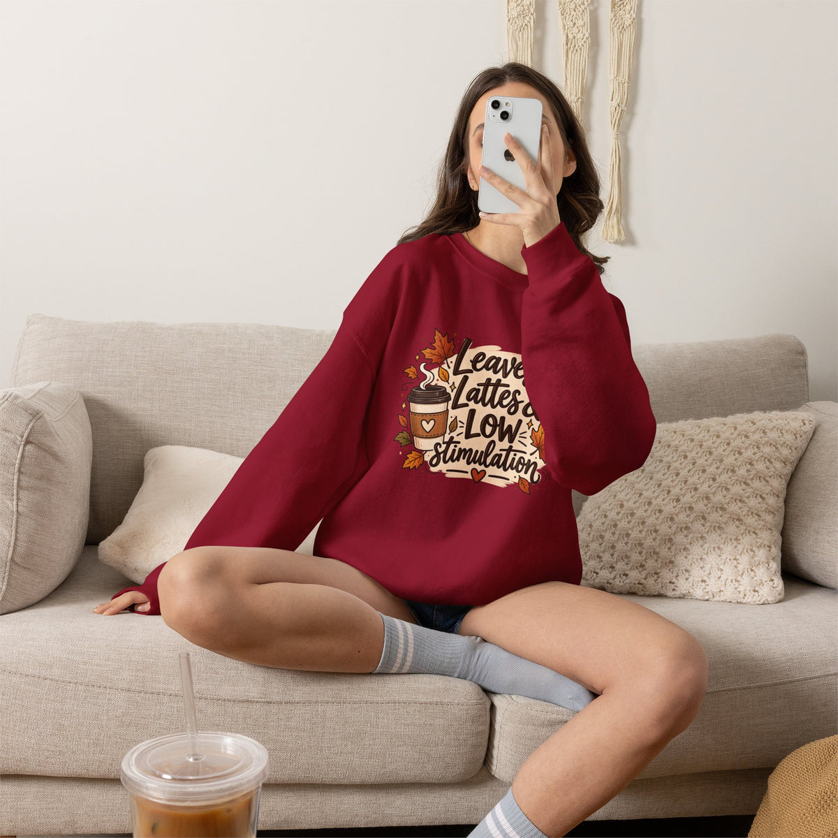 Fall Sweatshirt – "Leaves, Lattes & Low Stimulation" Cozy Autumn Crewneck