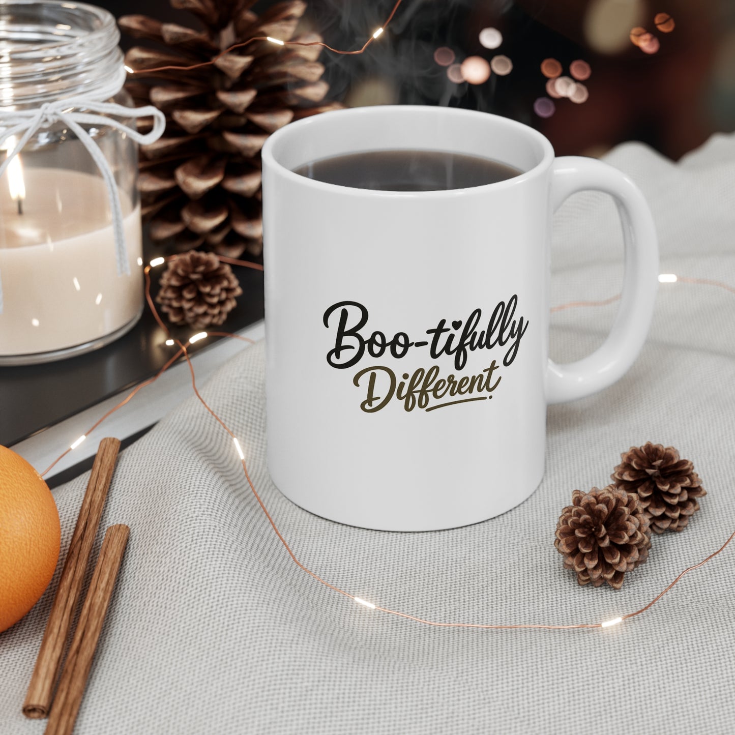 Boo-tifully Different Mug — Halloween Coffee Cup with Playful Script