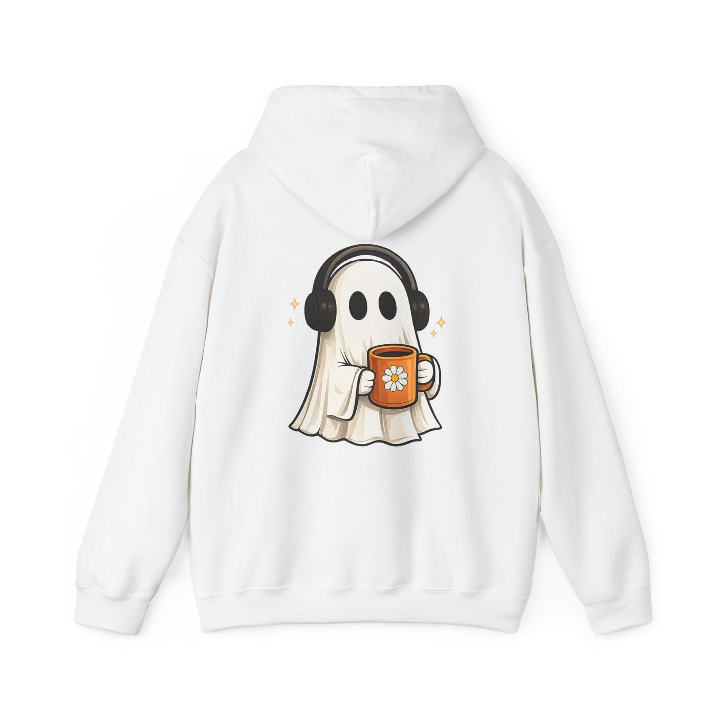 Ghost Mode Hoodie — Cute Ghost with Headphones & Coffee Pullover