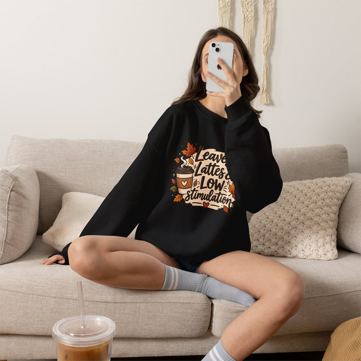 Fall Sweatshirt – "Leaves, Lattes & Low Stimulation" Cozy Autumn Crewneck