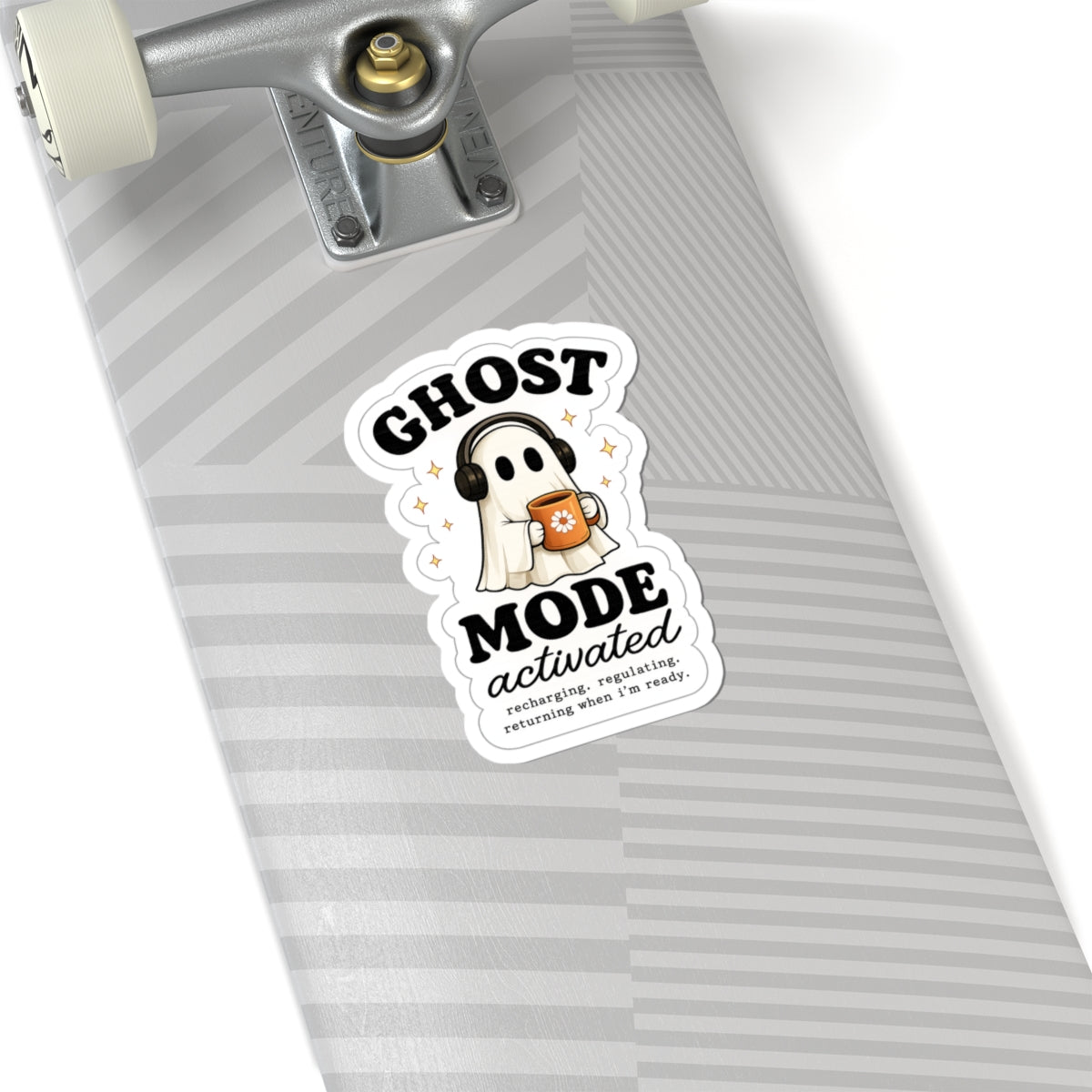 Ghost Mode Activated Sticker — Cute Ghost with Headphones & Coffee (Kiss-Cut)