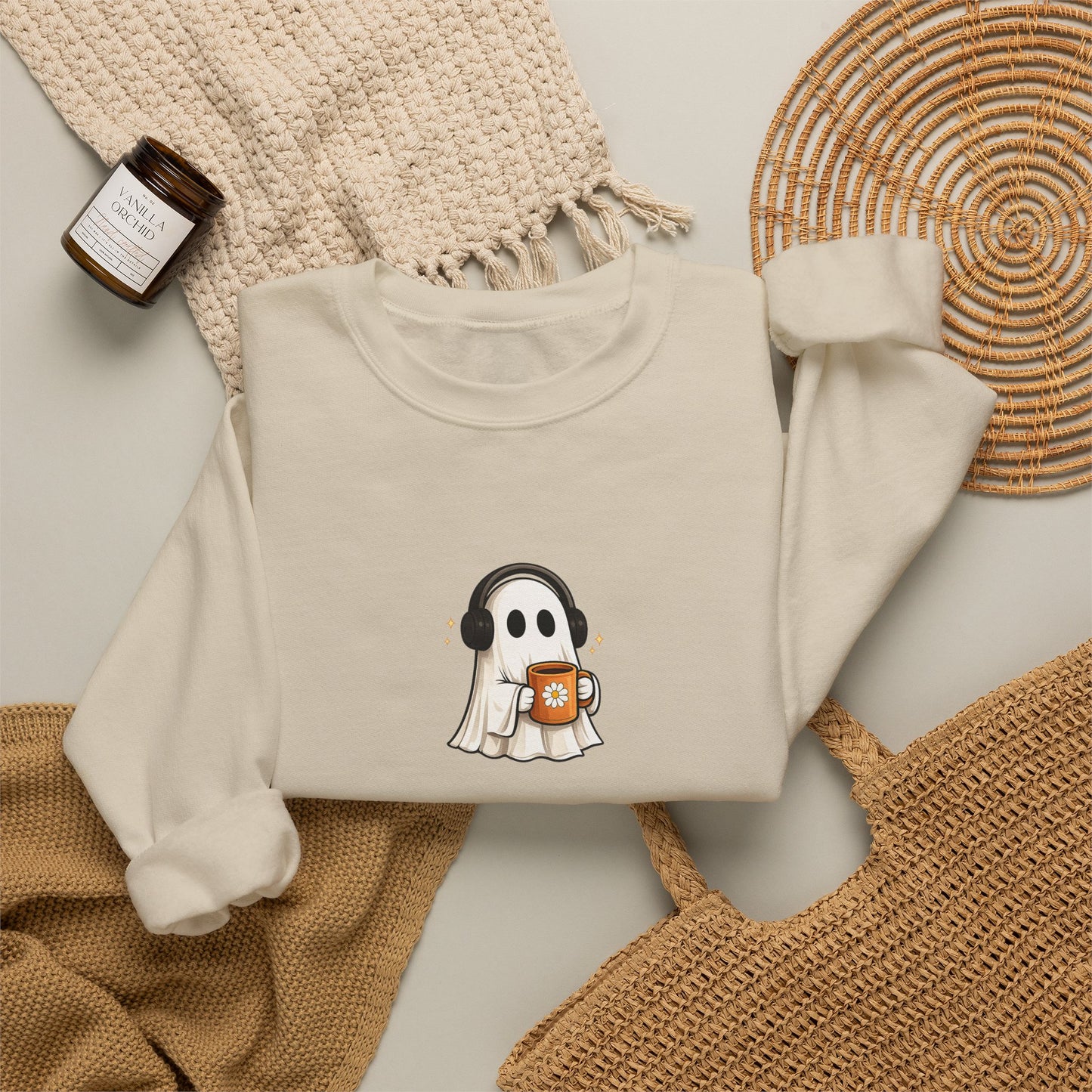 Cute Ghost Holding Pumpkin Crewneck Sweatshirt