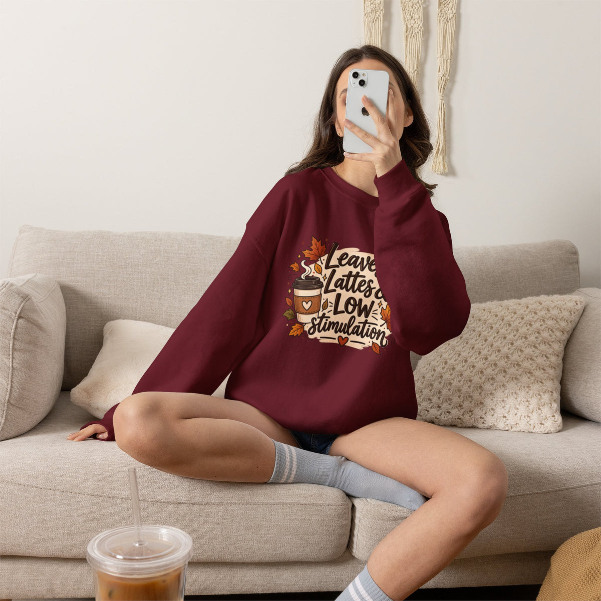 Fall Sweatshirt – "Leaves, Lattes & Low Stimulation" Cozy Autumn Crewneck