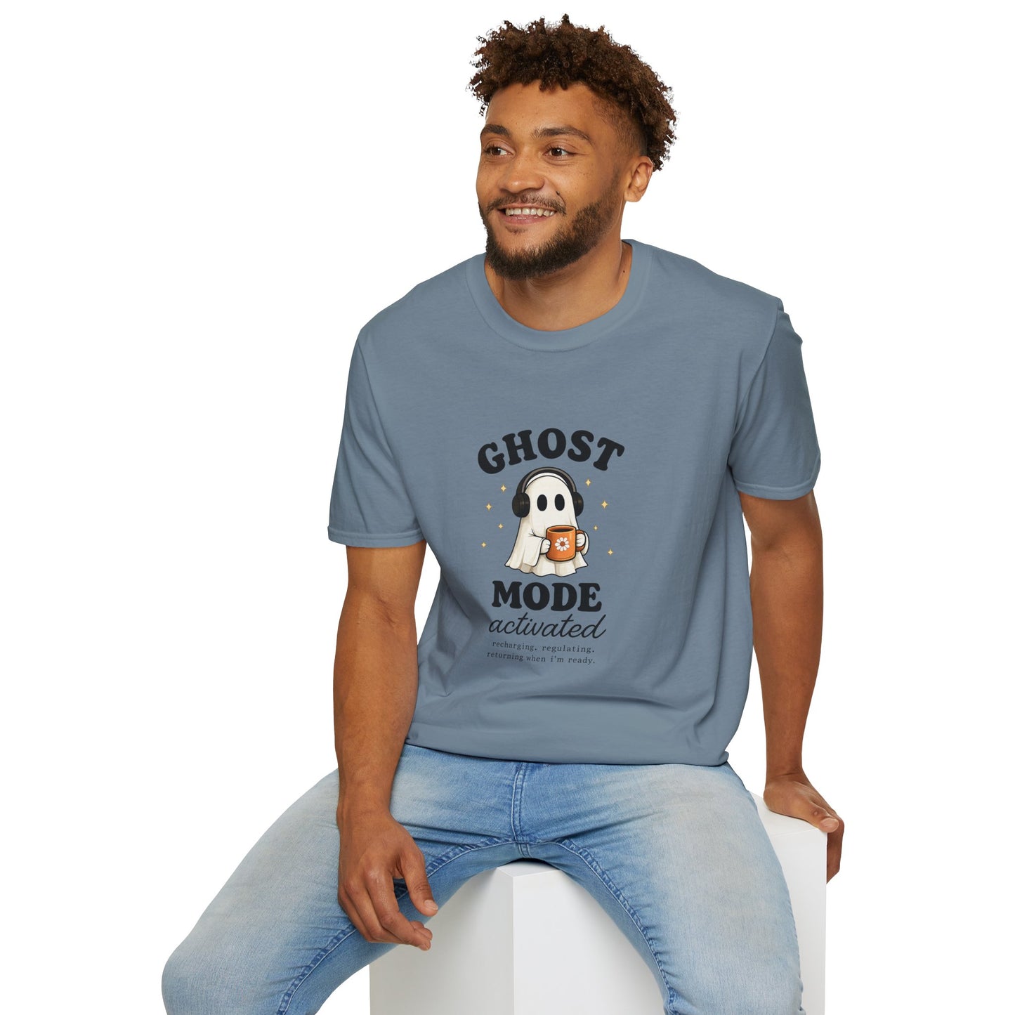 Ghost Mode T-Shirt — Cute Ghost with Headphones & Coffee