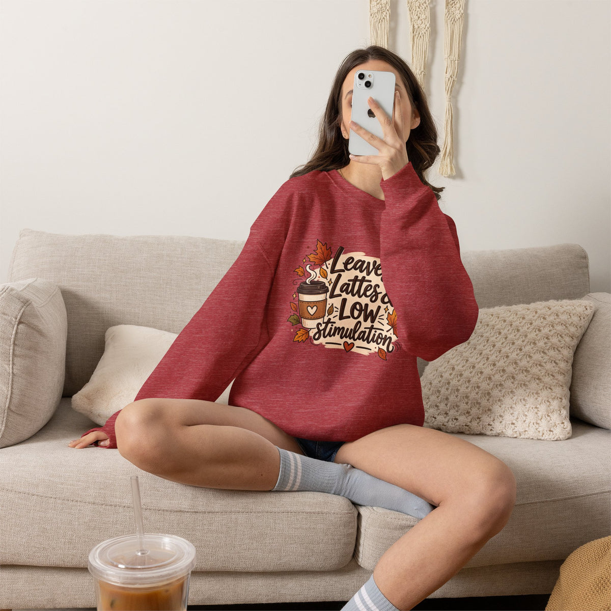 Fall Sweatshirt – "Leaves, Lattes & Low Stimulation" Cozy Autumn Crewneck
