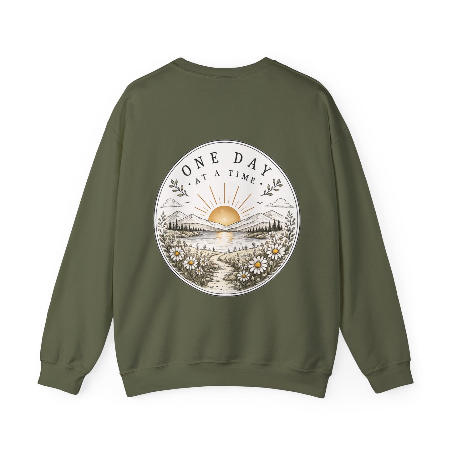 Crewneck Sweatshirt — 'One Day at a Time' Sunrise Mountain Graphic