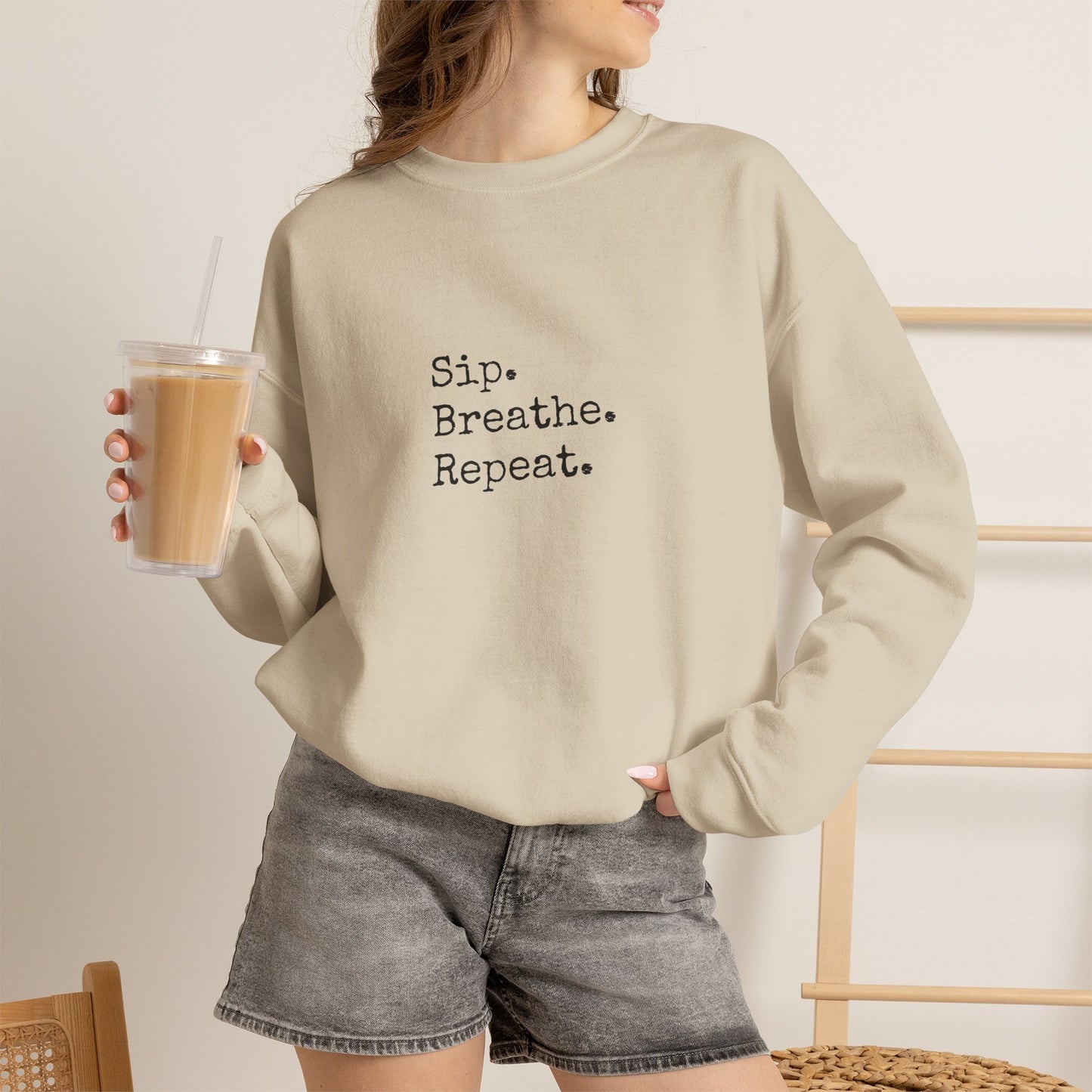 Sip. Breathe. Repeat. Crewneck Sweatshirt — Cozy Minimalist Relaxation Sweatshirt