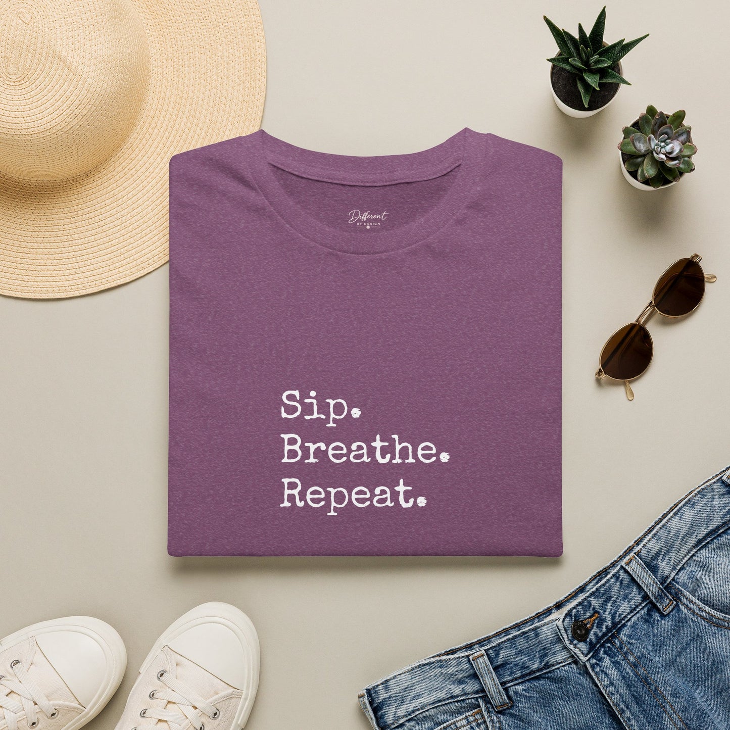 Sip. Breathe. Repeat. T-Shirt — Relaxed Minimalist Self-Care Tee