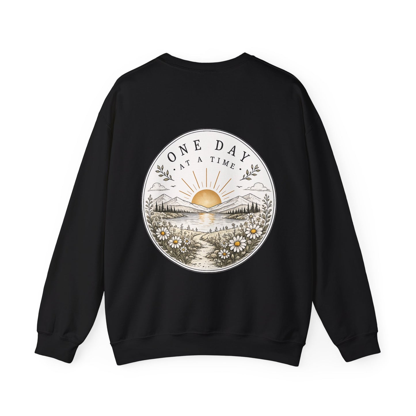 Crewneck Sweatshirt — 'One Day at a Time' Sunrise Mountain Graphic