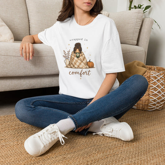 Cozy Fall Tee — "Wrapped in Comfort" Plaid Blanket Girl T-Shirt