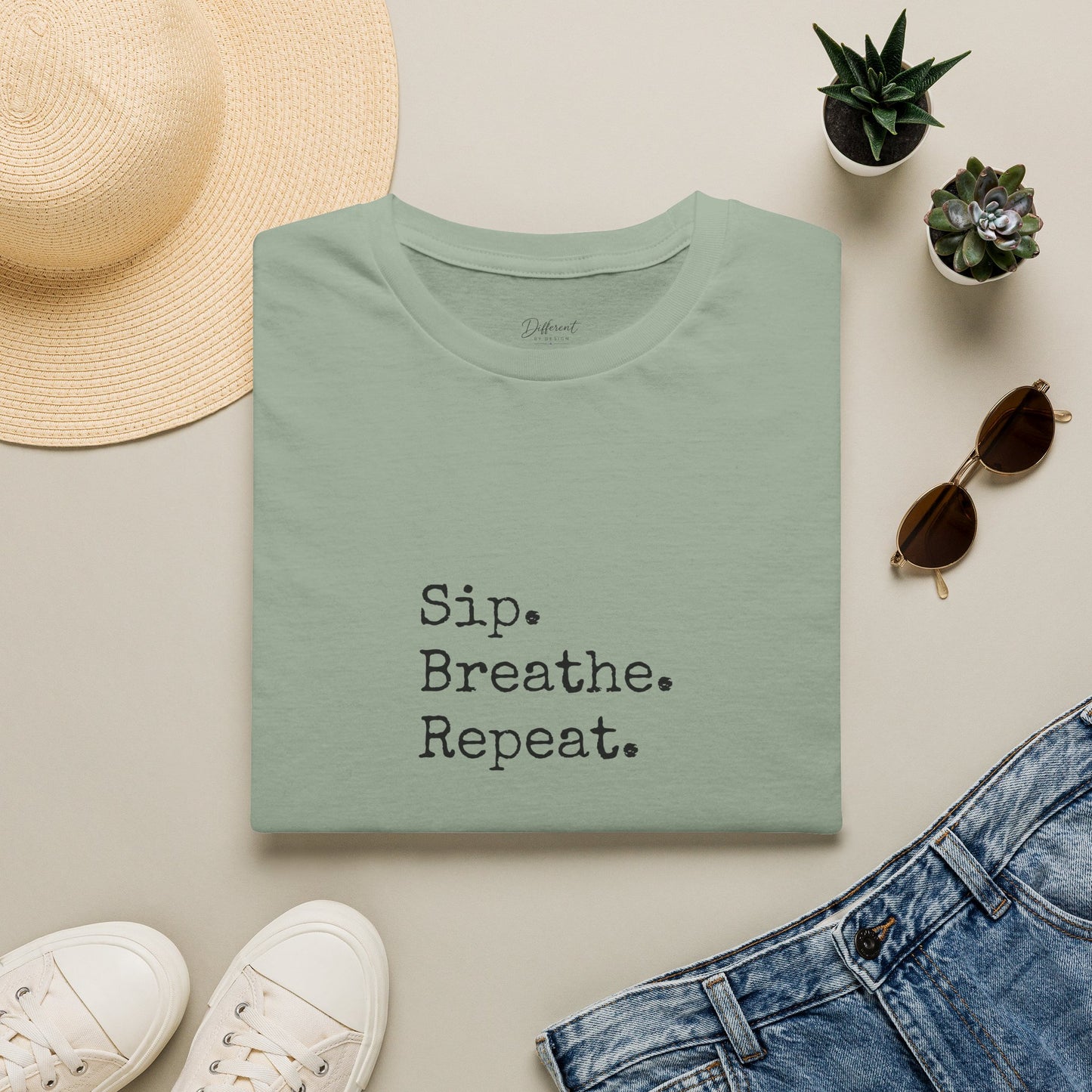 Sip. Breathe. Repeat. T-Shirt — Relaxed Minimalist Self-Care Tee
