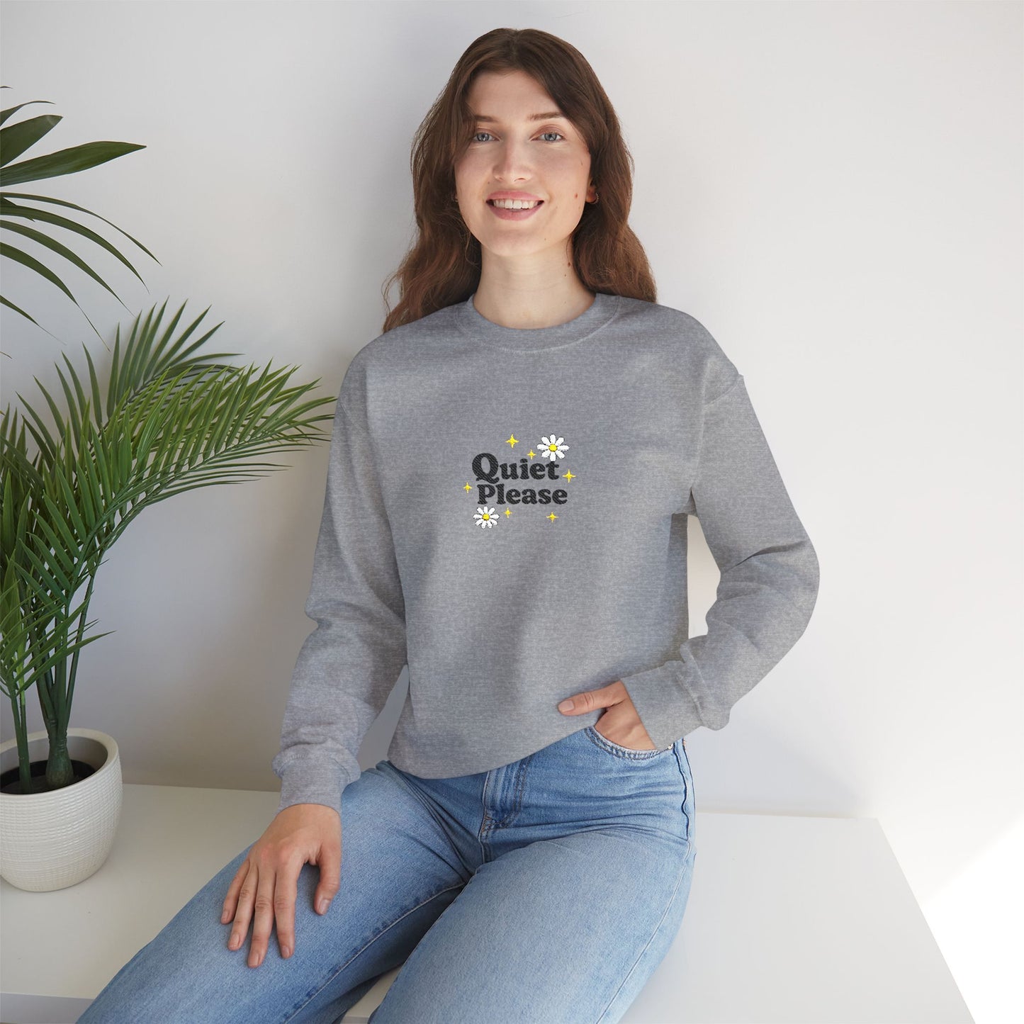 Crewneck Sweatshirt "Quiet Please" Minimalist Floral Design