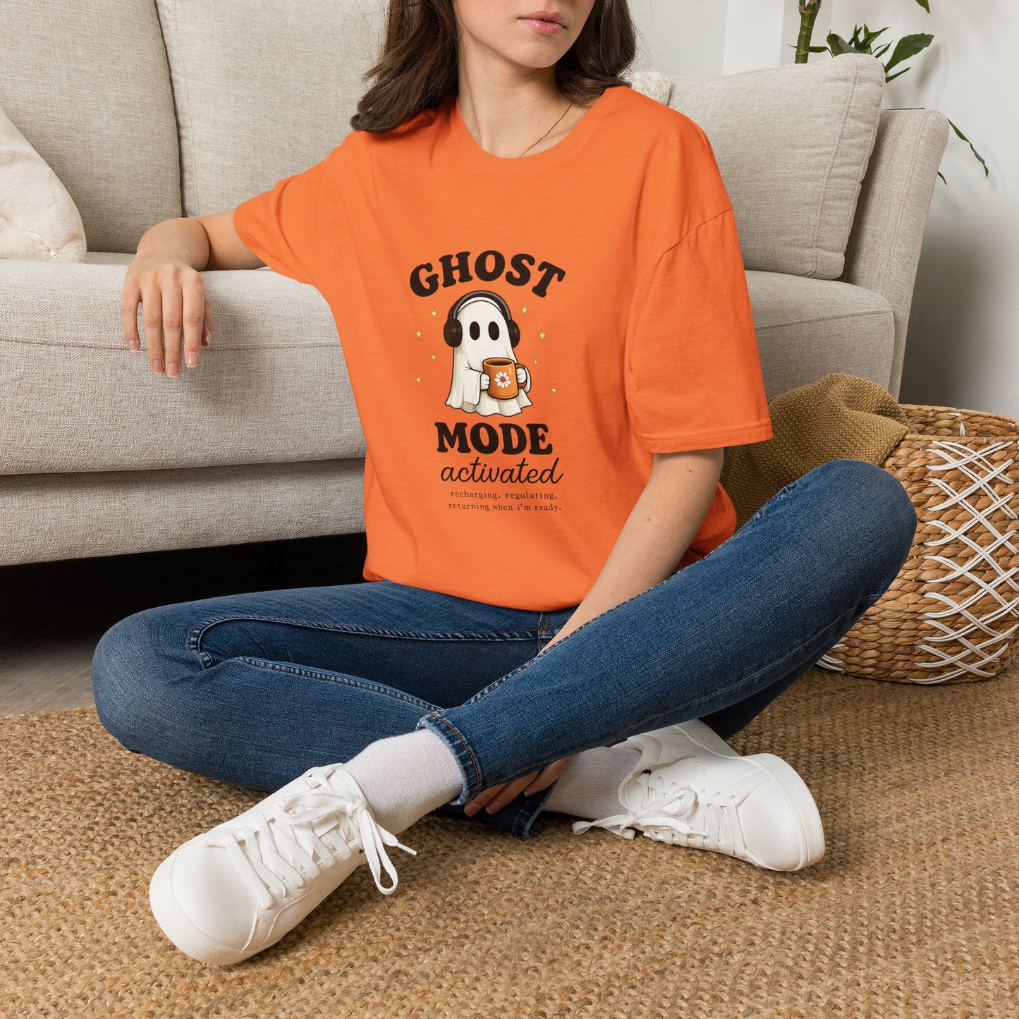 Ghost Mode T-Shirt — Cute Ghost with Headphones & Coffee