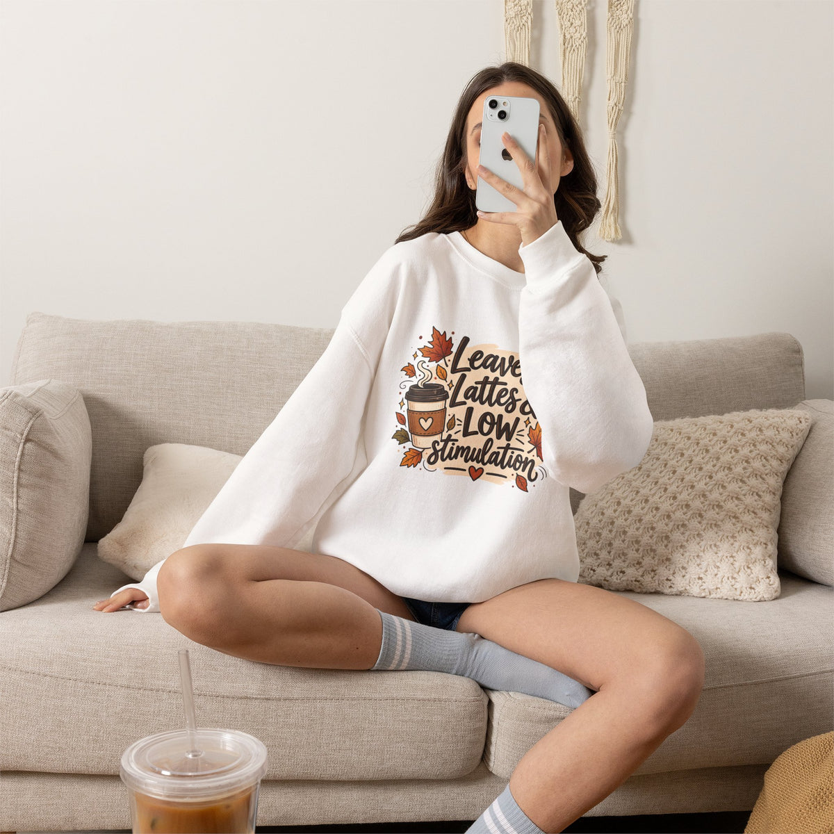 Fall Sweatshirt – "Leaves, Lattes & Low Stimulation" Cozy Autumn Crewneck