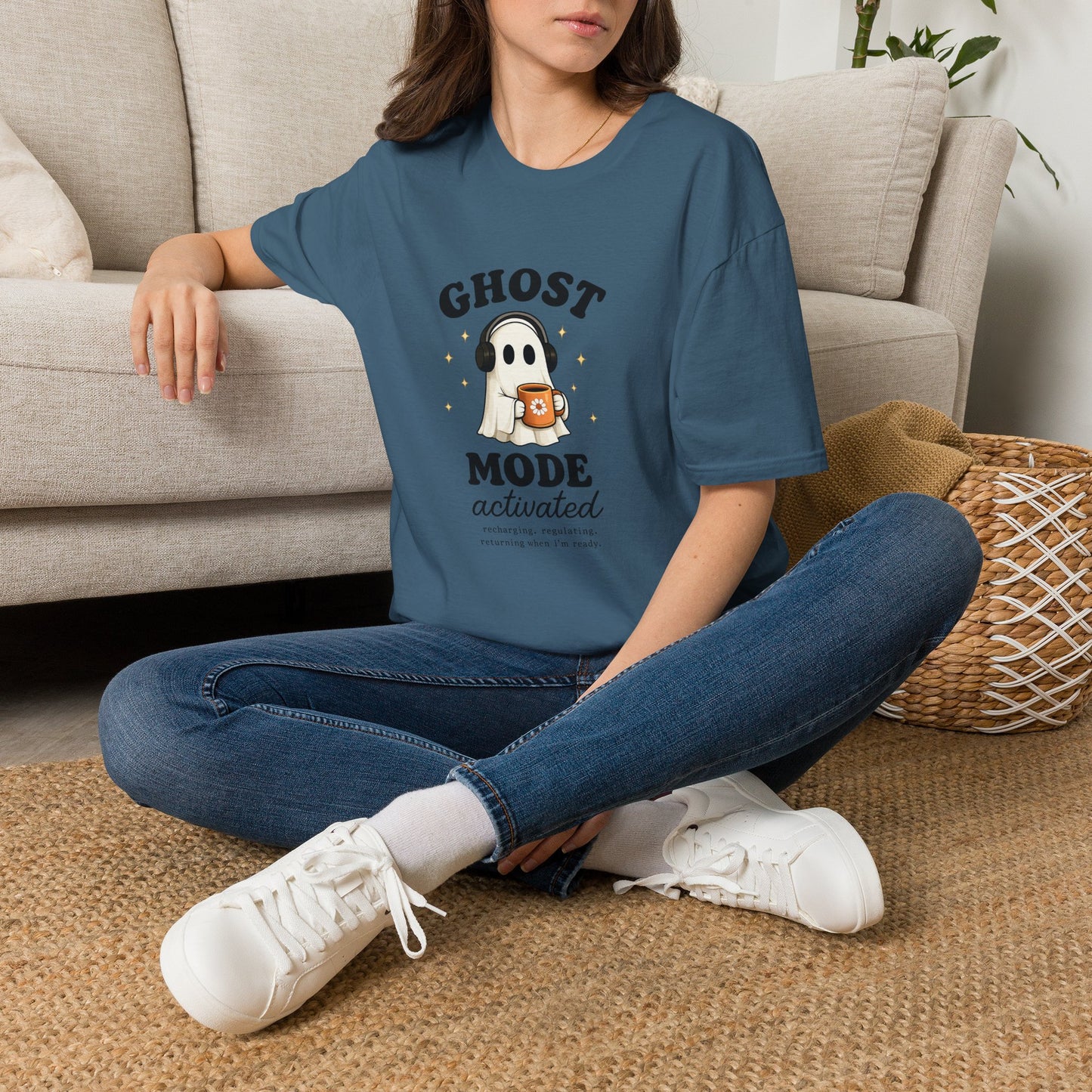 Ghost Mode T-Shirt — Cute Ghost with Headphones & Coffee