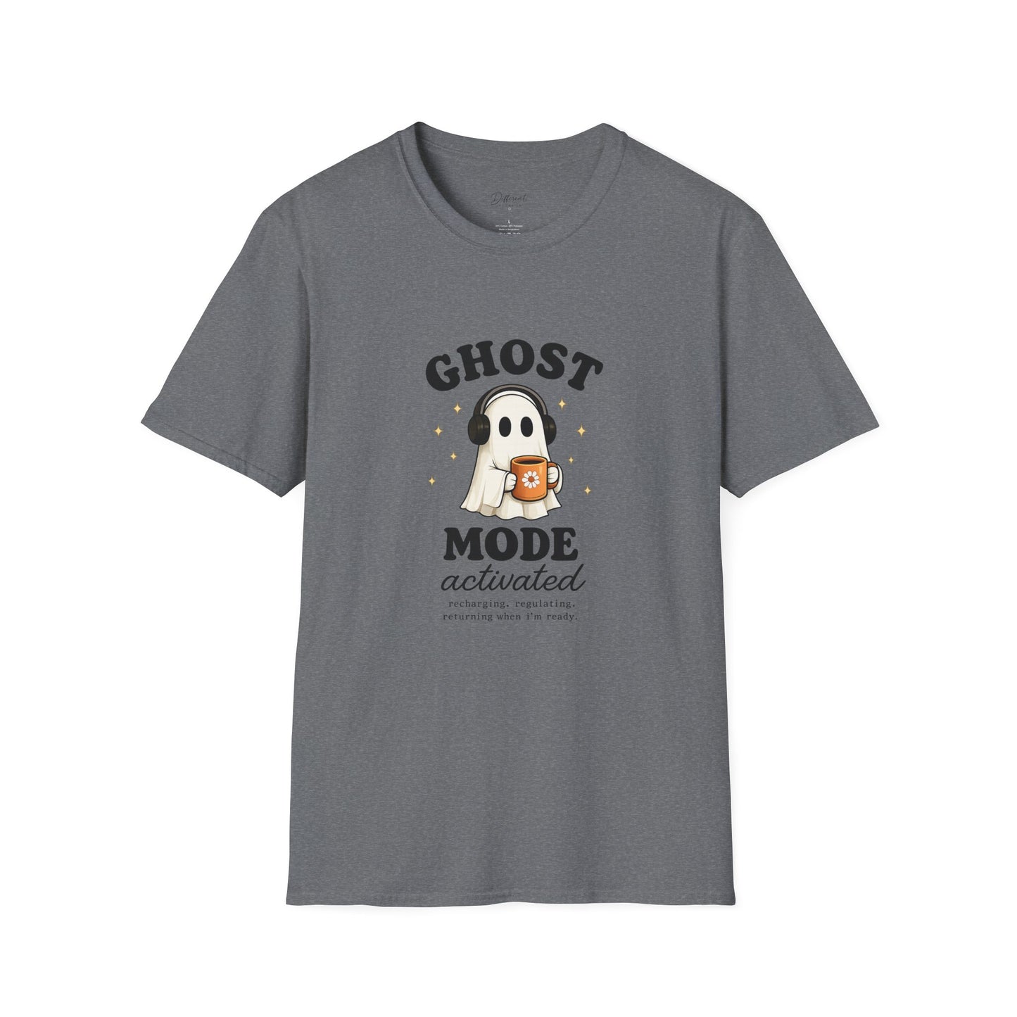 Ghost Mode T-Shirt — Cute Ghost with Headphones & Coffee