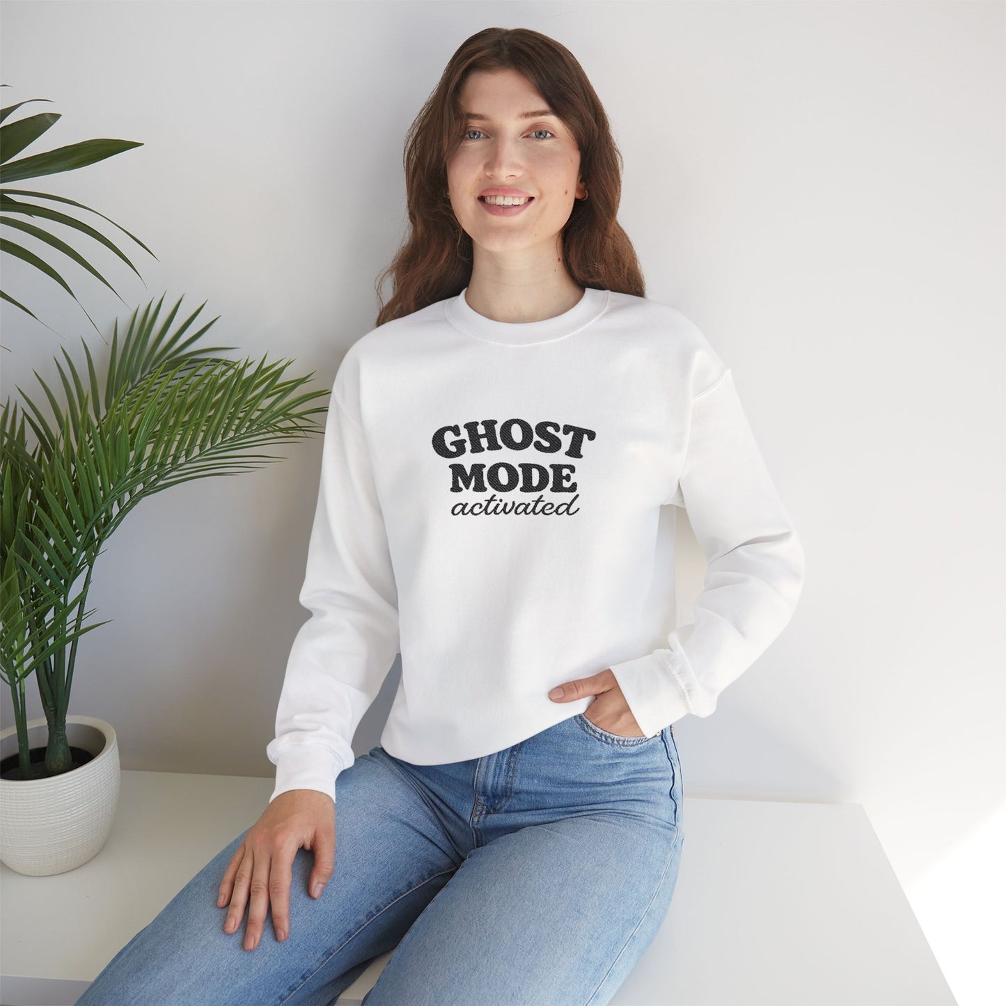 Ghost Mode Crewneck Sweatshirt — Minimalist White Pullover