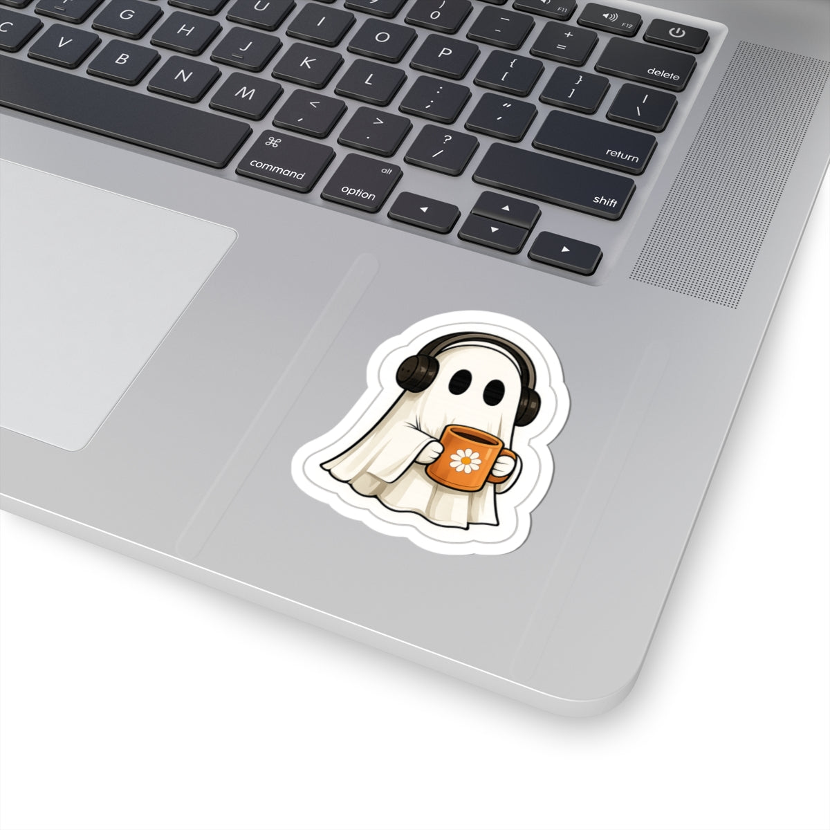 Cute Ghost Sticker — Cozy Coffee & Headphones Kiss-Cut Decal