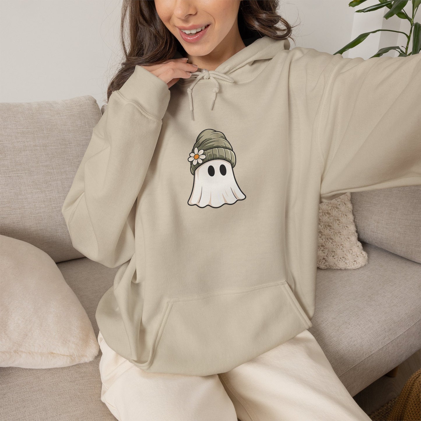 Cute Ghost Hoodie with Beanie Graphic — Cozy Fall Halloween Sweatshirt