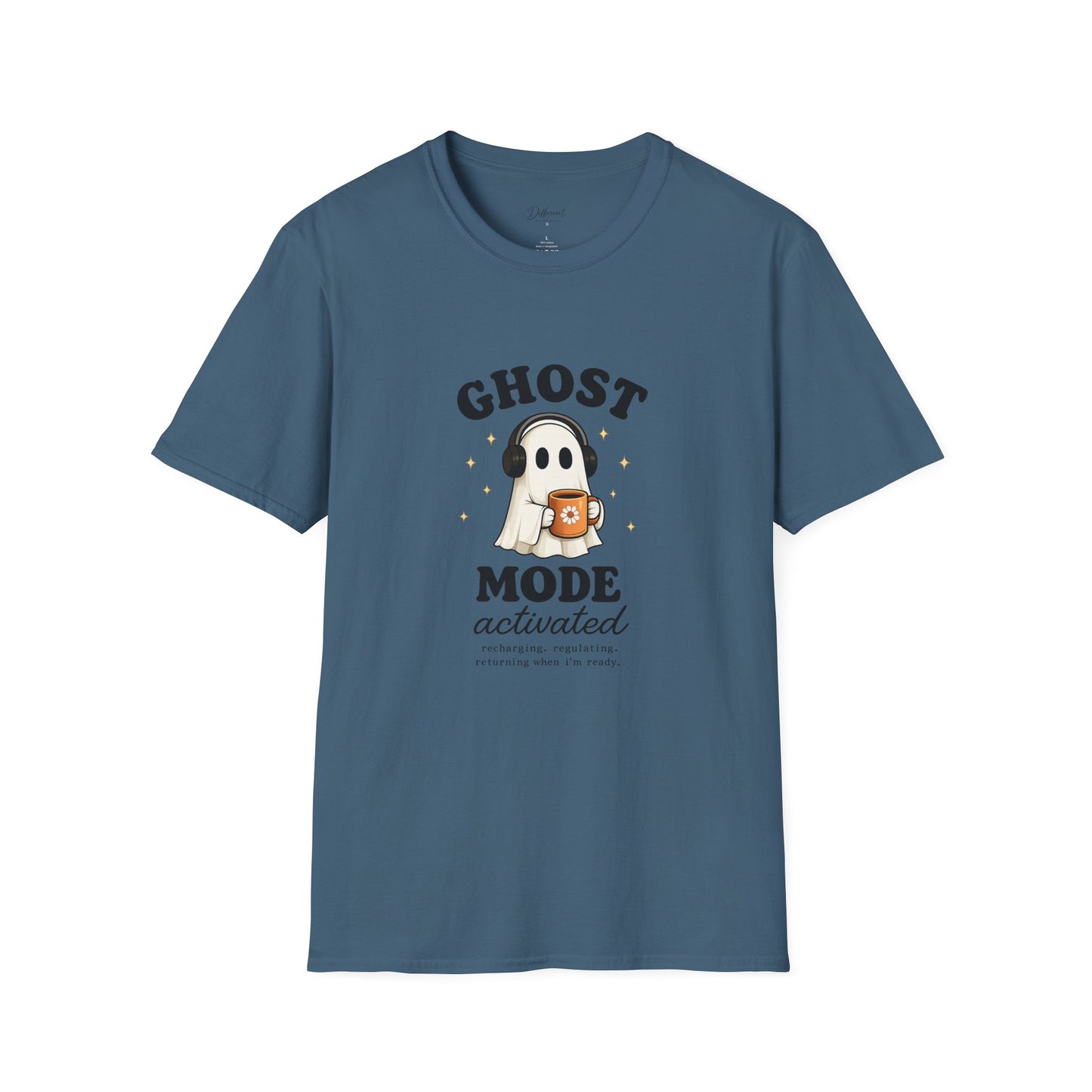 Ghost Mode T-Shirt — Cute Ghost with Headphones & Coffee