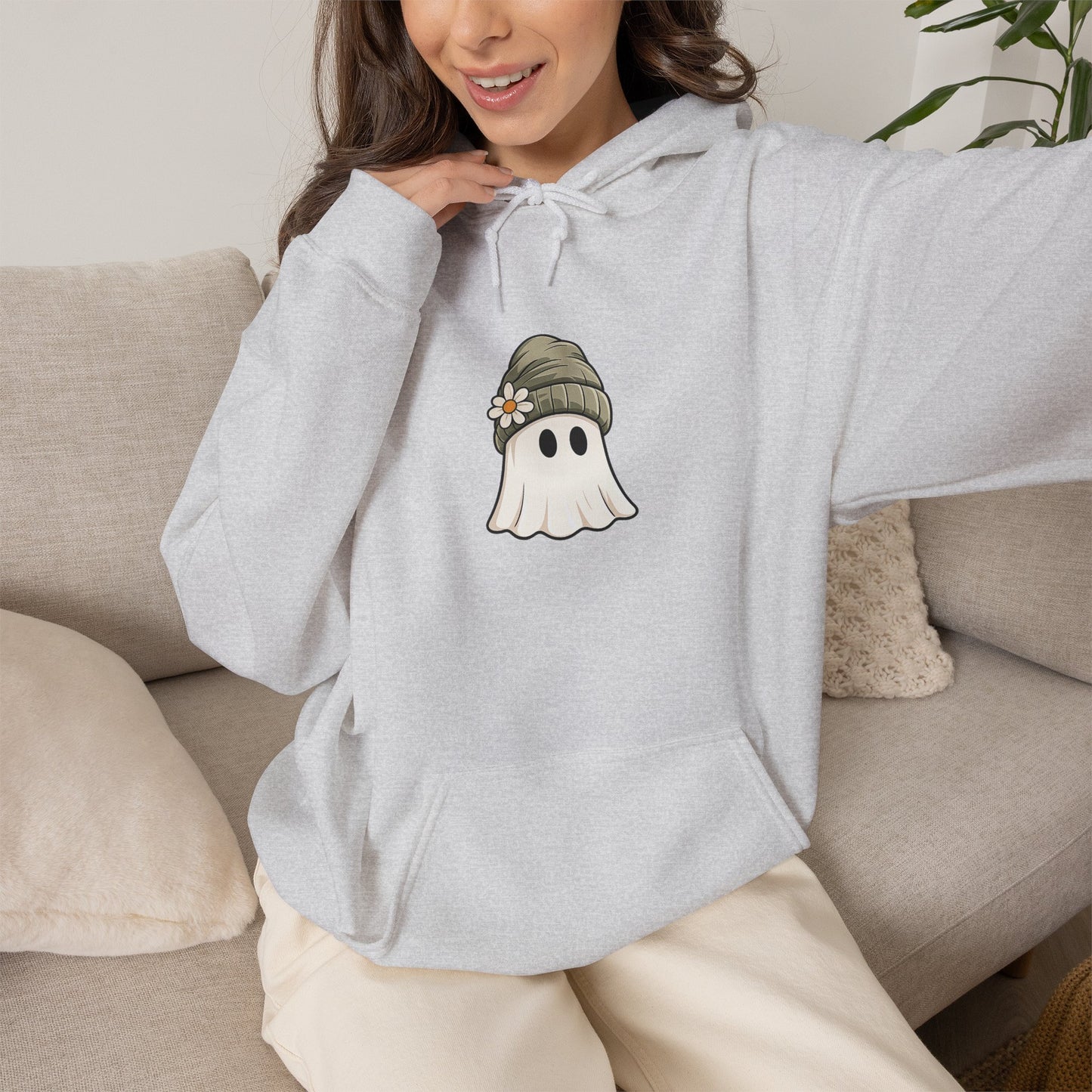Cute Ghost Hoodie with Beanie Graphic — Cozy Fall Halloween Sweatshirt