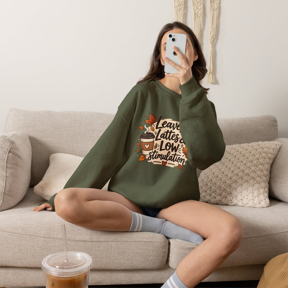 Fall Sweatshirt – "Leaves, Lattes & Low Stimulation" Cozy Autumn Crewneck