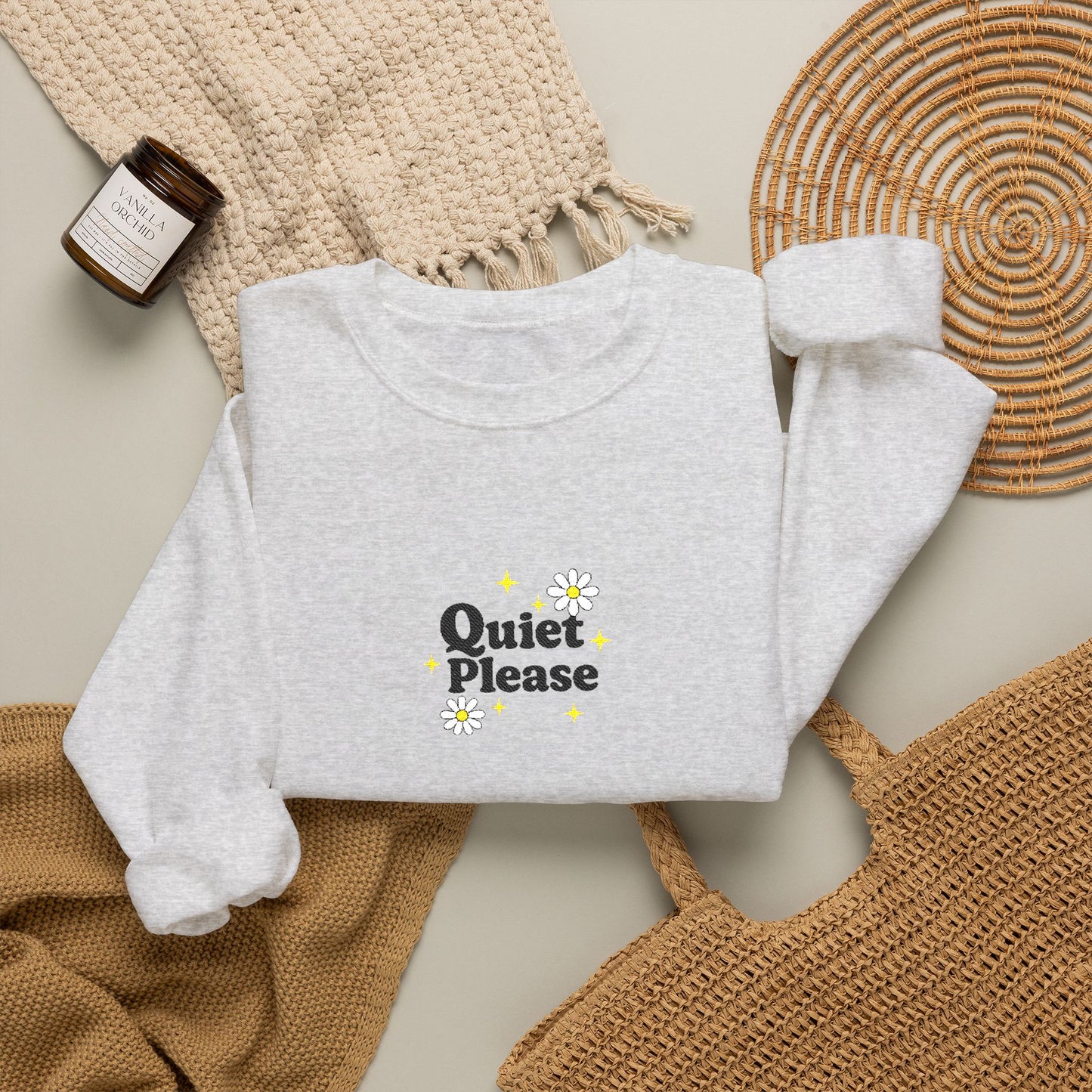 Crewneck Sweatshirt "Quiet Please" Minimalist Floral Design