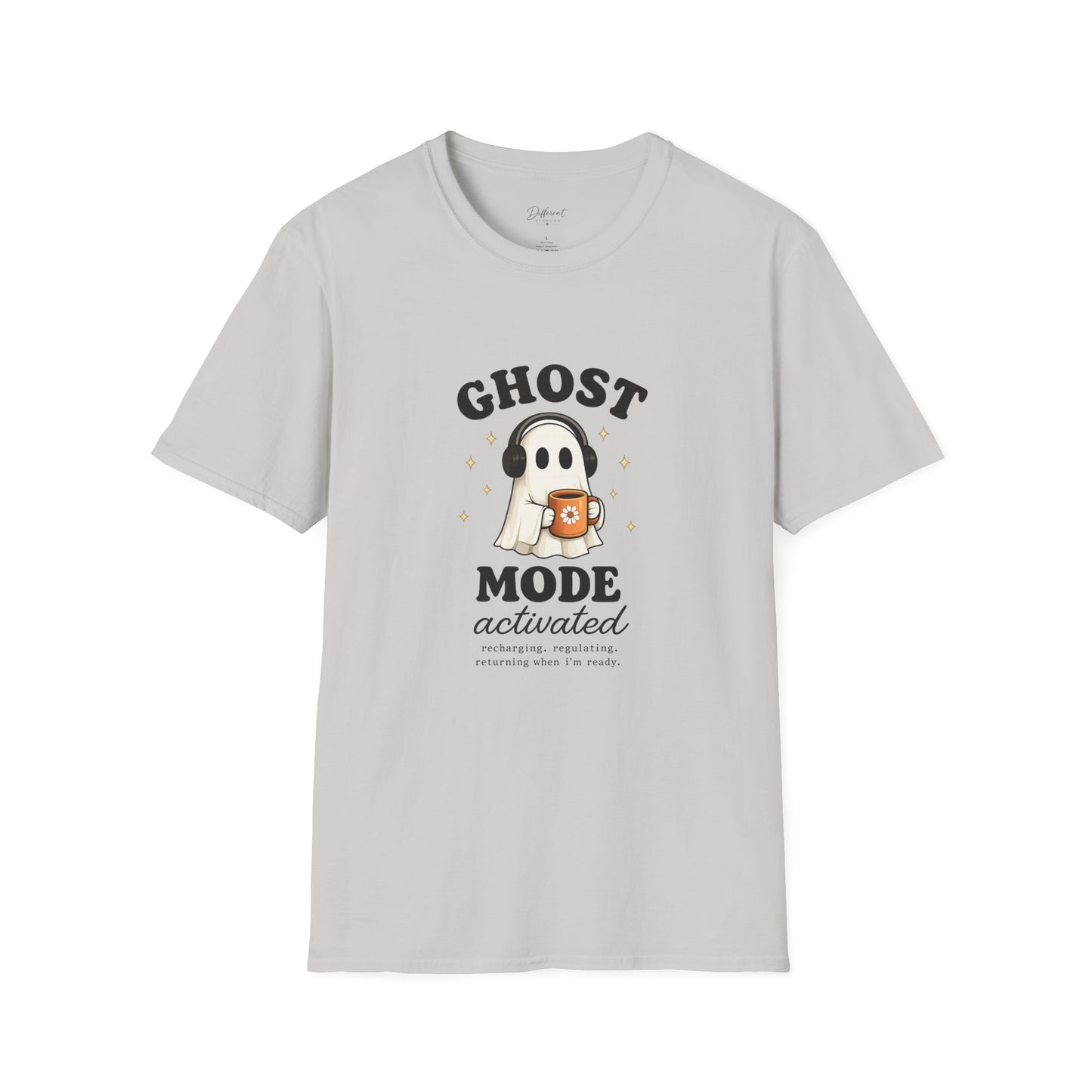 Ghost Mode T-Shirt — Cute Ghost with Headphones & Coffee