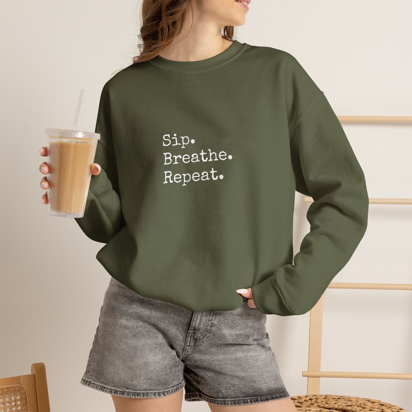 Sip. Breathe. Repeat. Crewneck Sweatshirt — Cozy Minimalist Relaxation Sweatshirt