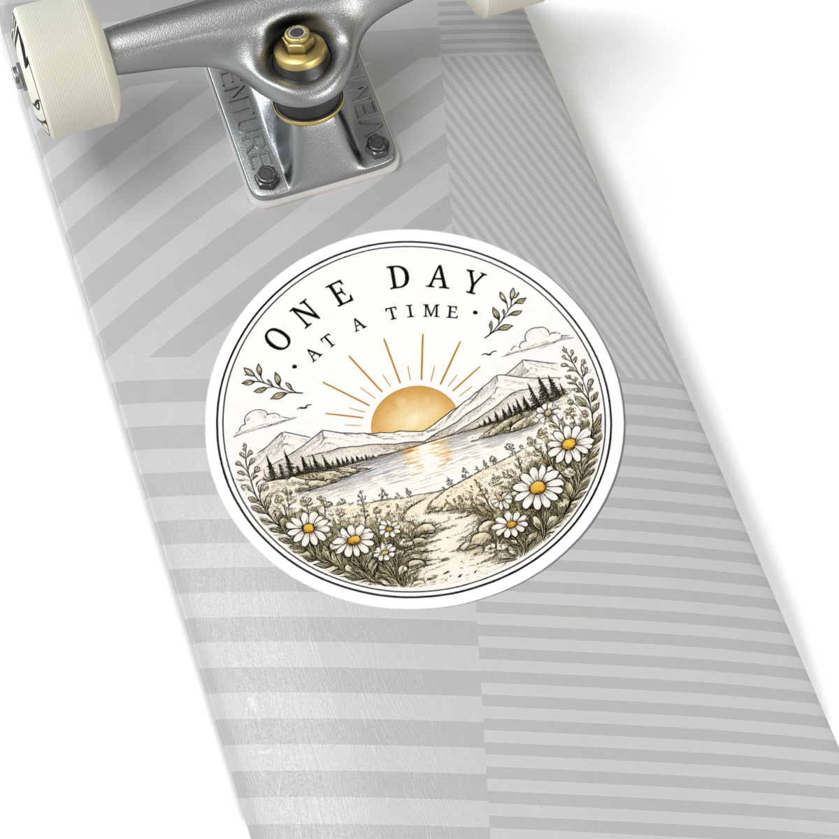 One Day at a Time Sticker — Scenic Sunrise Daisy Vinyl Sticker (Kiss-Cut)