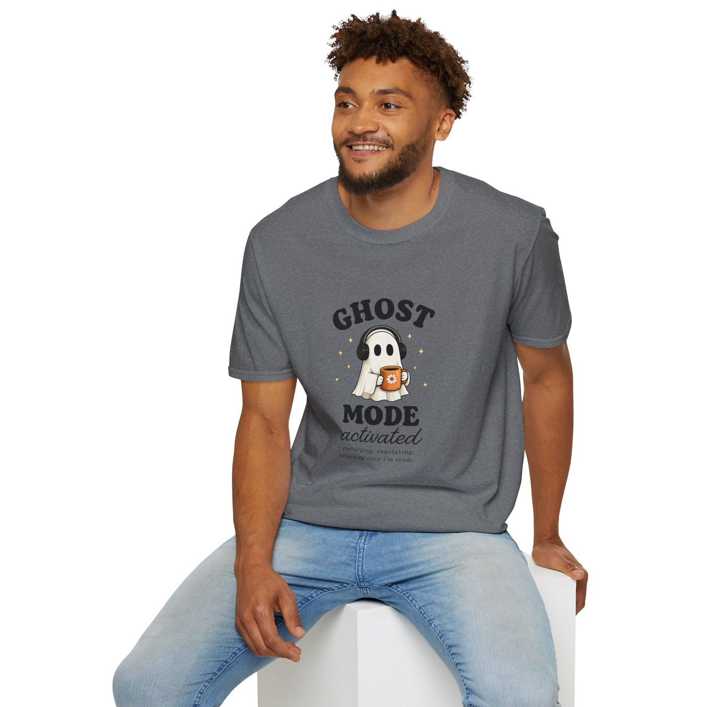 Ghost Mode T-Shirt — Cute Ghost with Headphones & Coffee