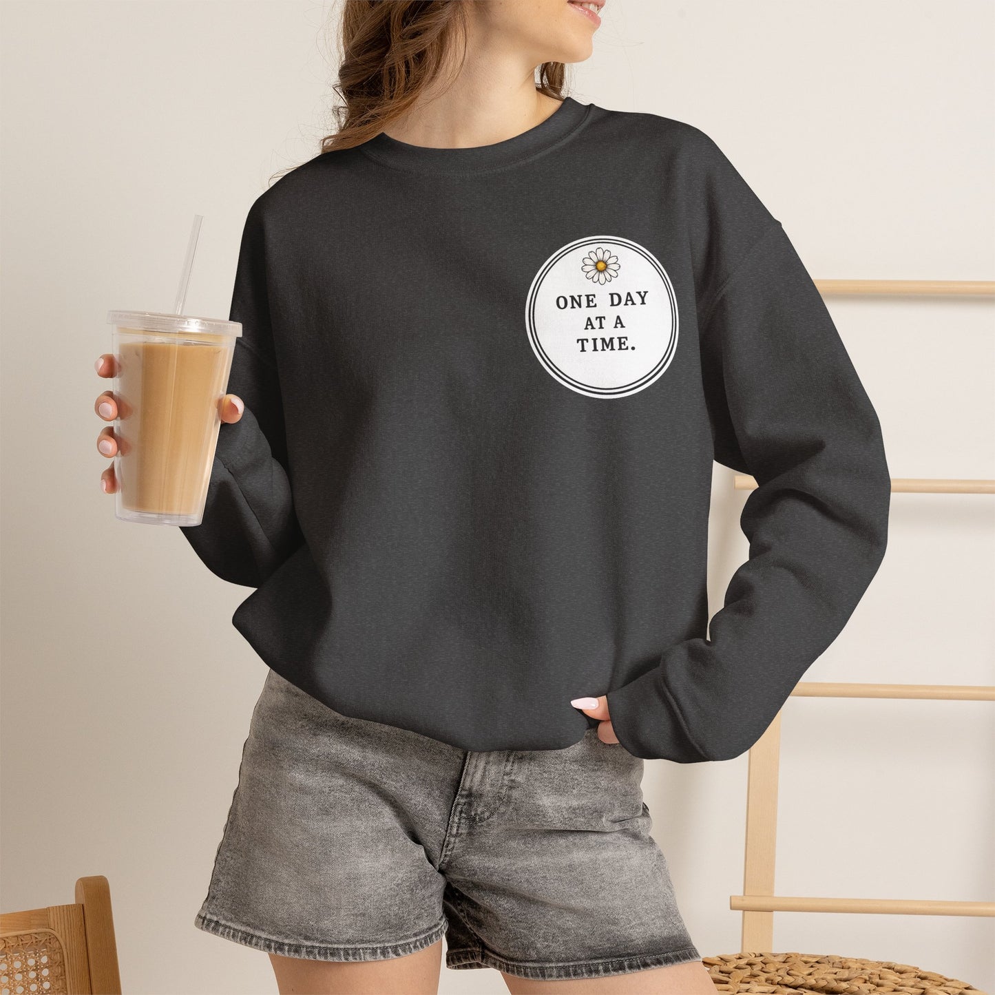 Crewneck Sweatshirt — 'One Day at a Time' Sunrise Mountain Graphic