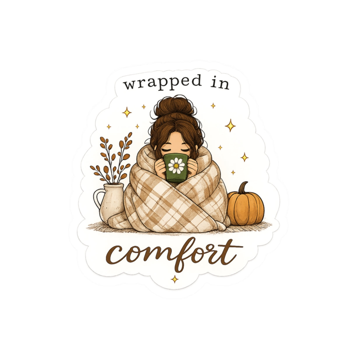 Wrapped in Comfort Fall Sticker – Cozy Girl with Blanket, Pumpkin & Coffee, Autumn Laptop Decal