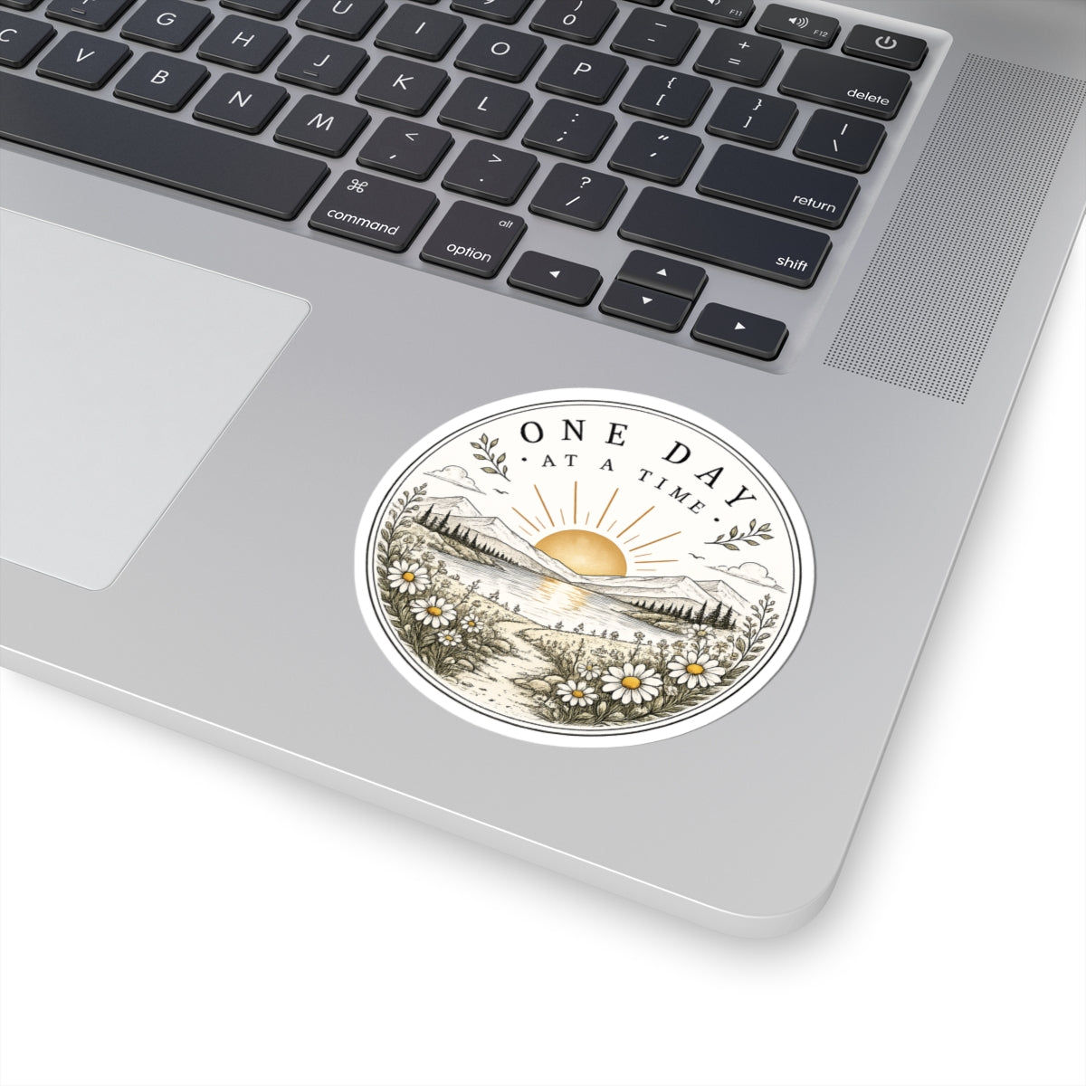 One Day at a Time Sticker — Scenic Sunrise Daisy Vinyl Sticker (Kiss-Cut)