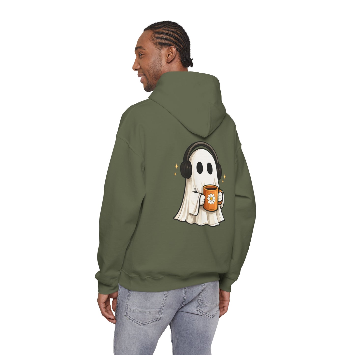 Ghost Mode Hoodie — Cute Ghost with Headphones & Coffee Pullover