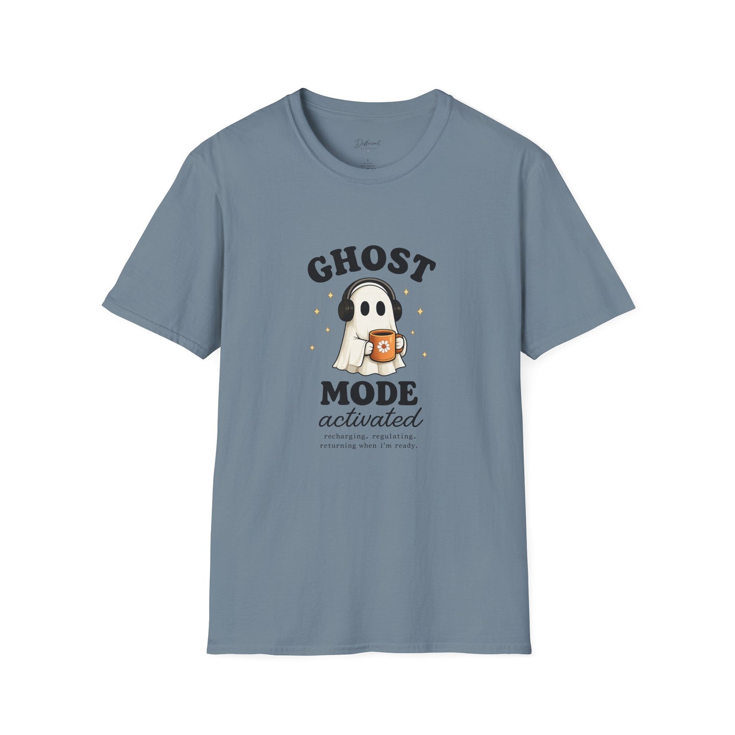 Ghost Mode T-Shirt — Cute Ghost with Headphones & Coffee