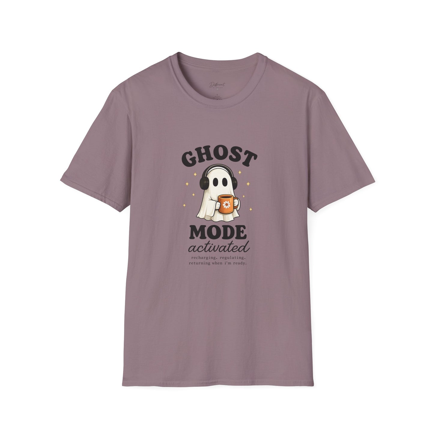 Ghost Mode T-Shirt — Cute Ghost with Headphones & Coffee