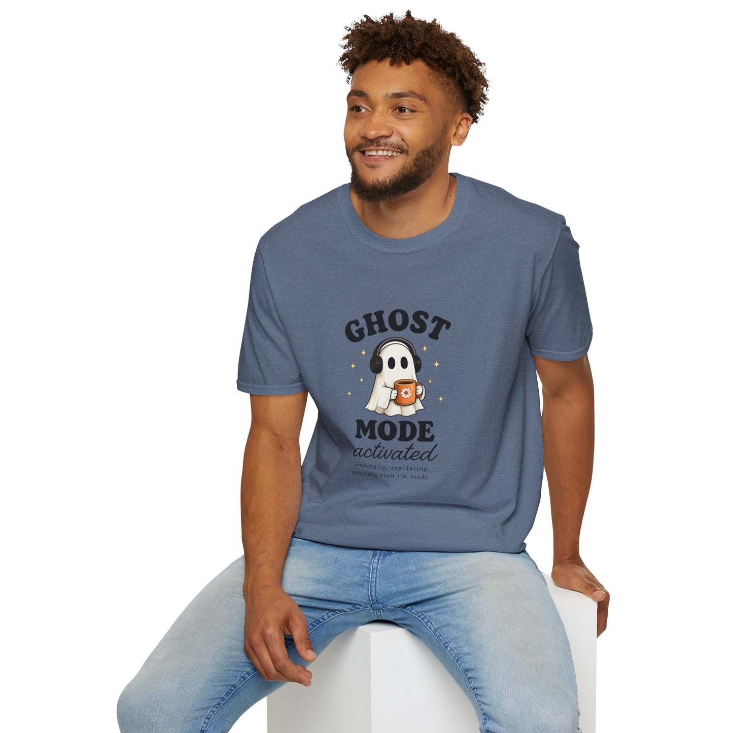 Ghost Mode T-Shirt — Cute Ghost with Headphones & Coffee