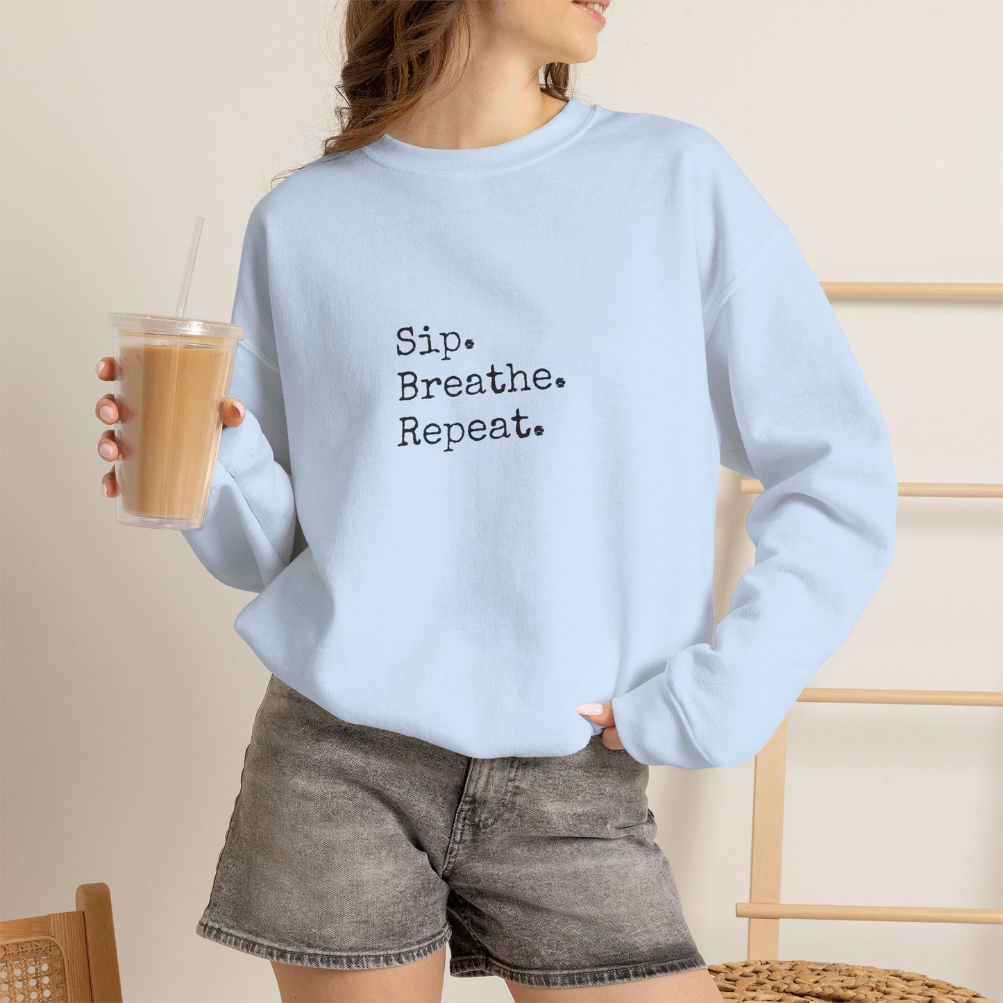 Sip. Breathe. Repeat. Crewneck Sweatshirt — Cozy Minimalist Relaxation Sweatshirt