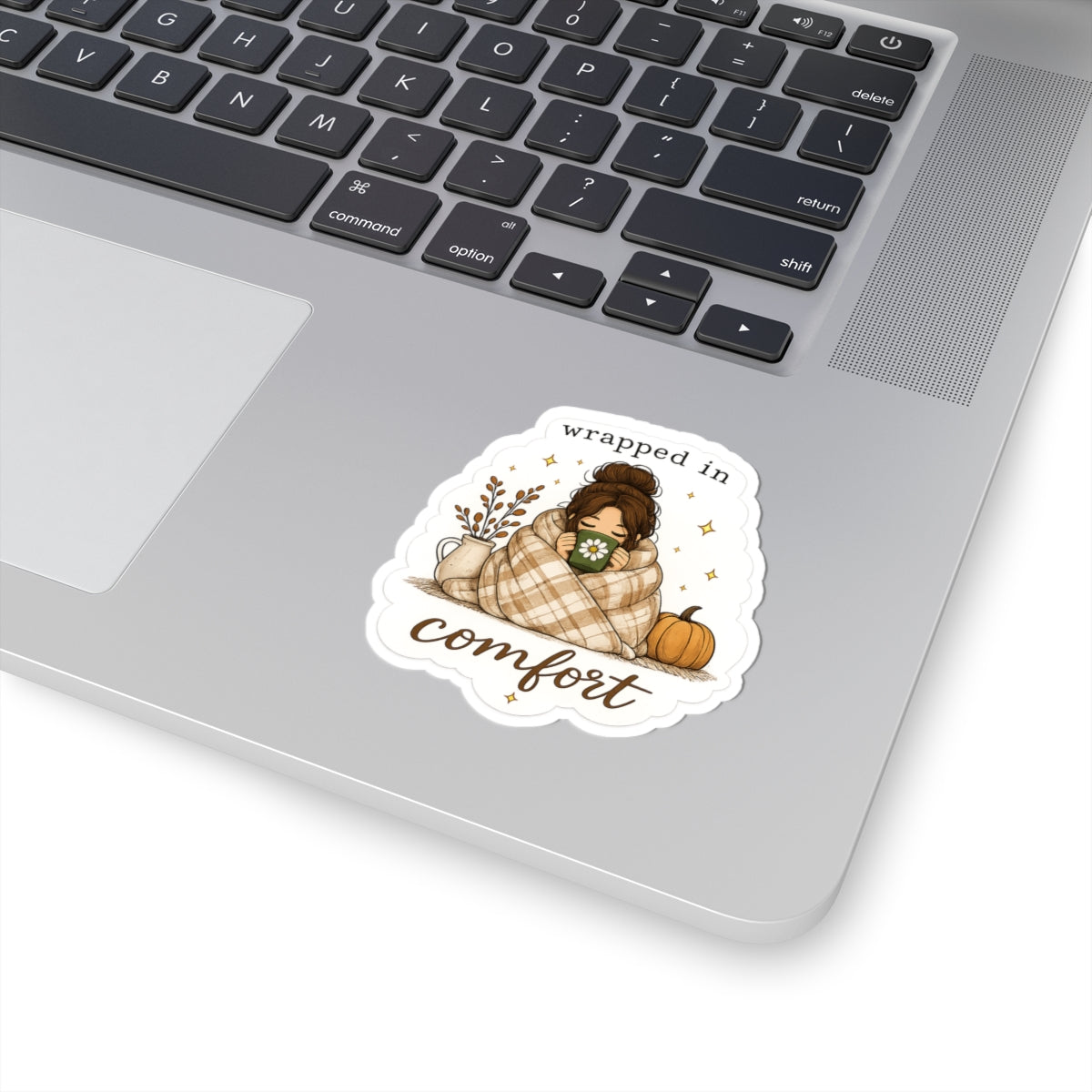 Wrapped in Comfort Fall Sticker – Cozy Girl with Blanket, Pumpkin & Coffee, Autumn Laptop Decal