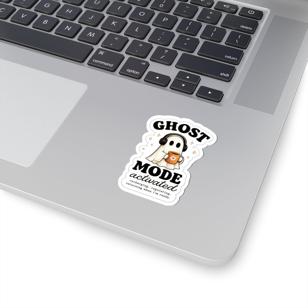 Ghost Mode Activated Sticker — Cute Ghost with Headphones & Coffee (Kiss-Cut)