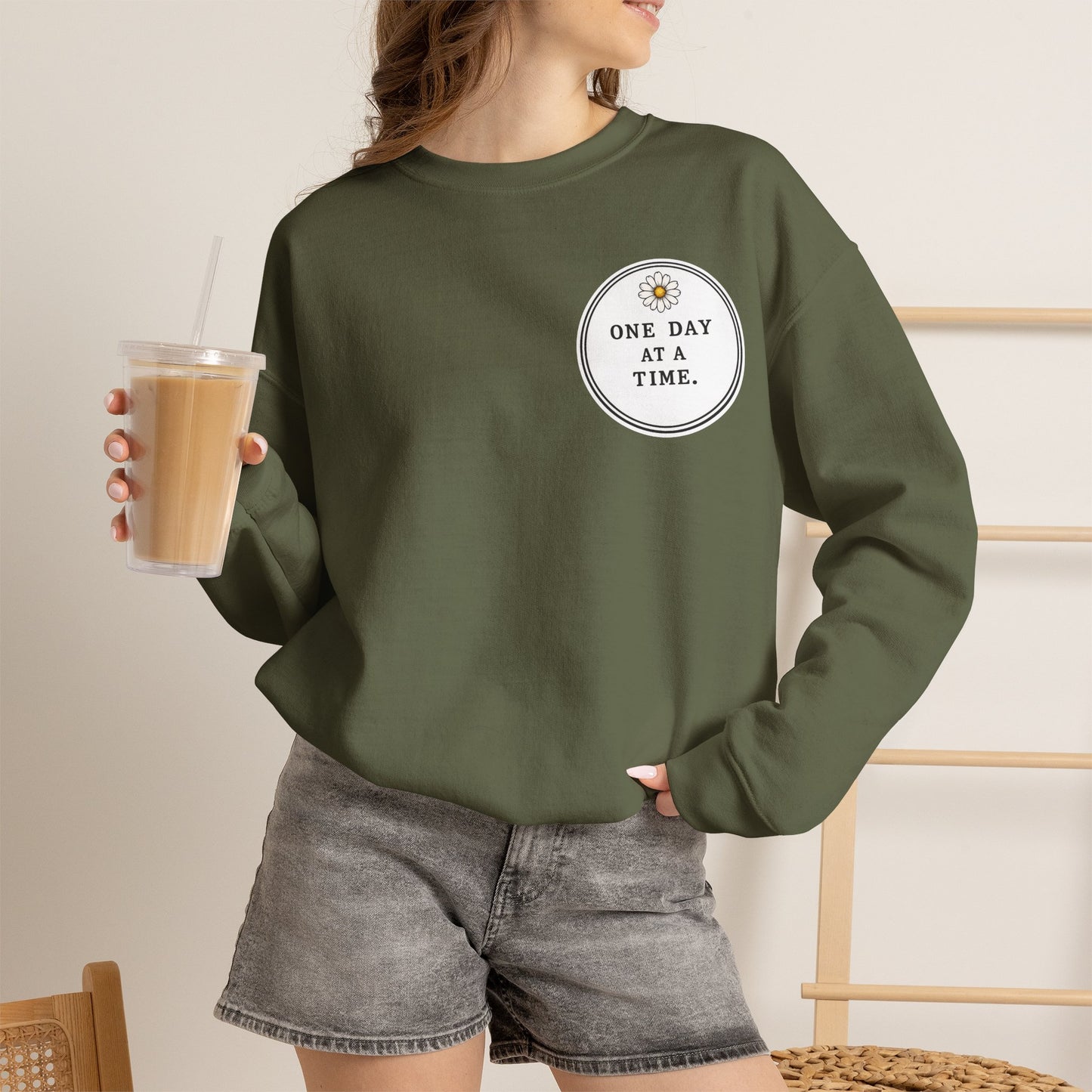Crewneck Sweatshirt — 'One Day at a Time' Sunrise Mountain Graphic