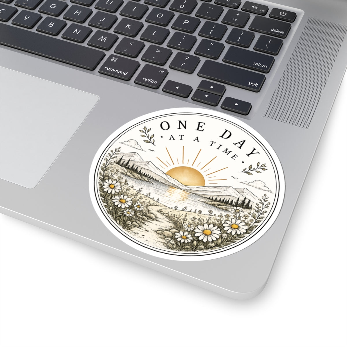 One Day at a Time Sticker — Scenic Sunrise Daisy Vinyl Sticker (Kiss-Cut)