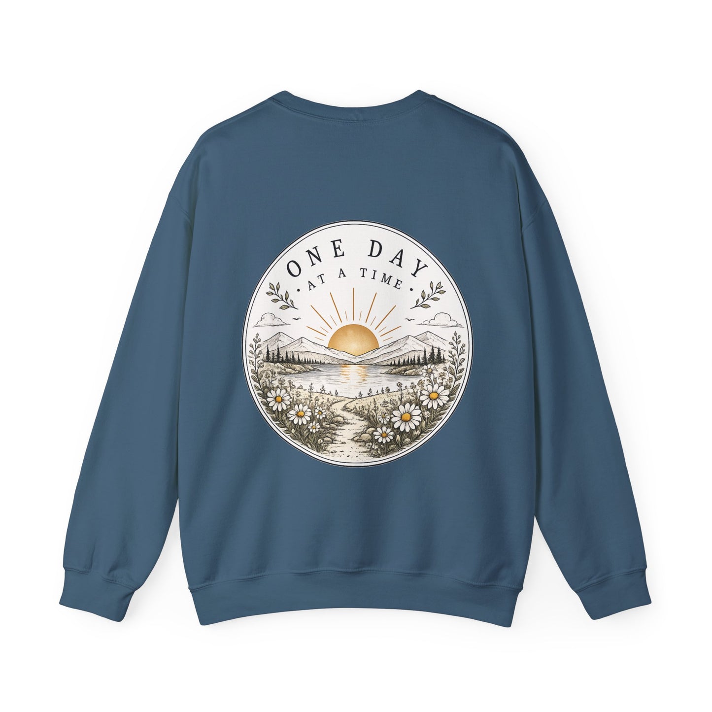 Crewneck Sweatshirt — 'One Day at a Time' Sunrise Mountain Graphic
