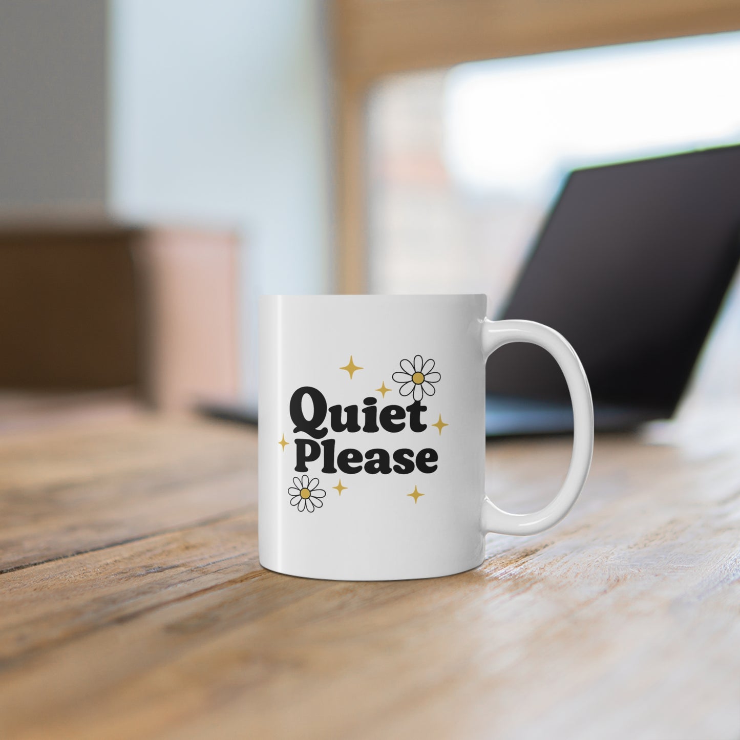 Quiet Please Daisy Mug — 11oz Coffee Cup with Retro Typography