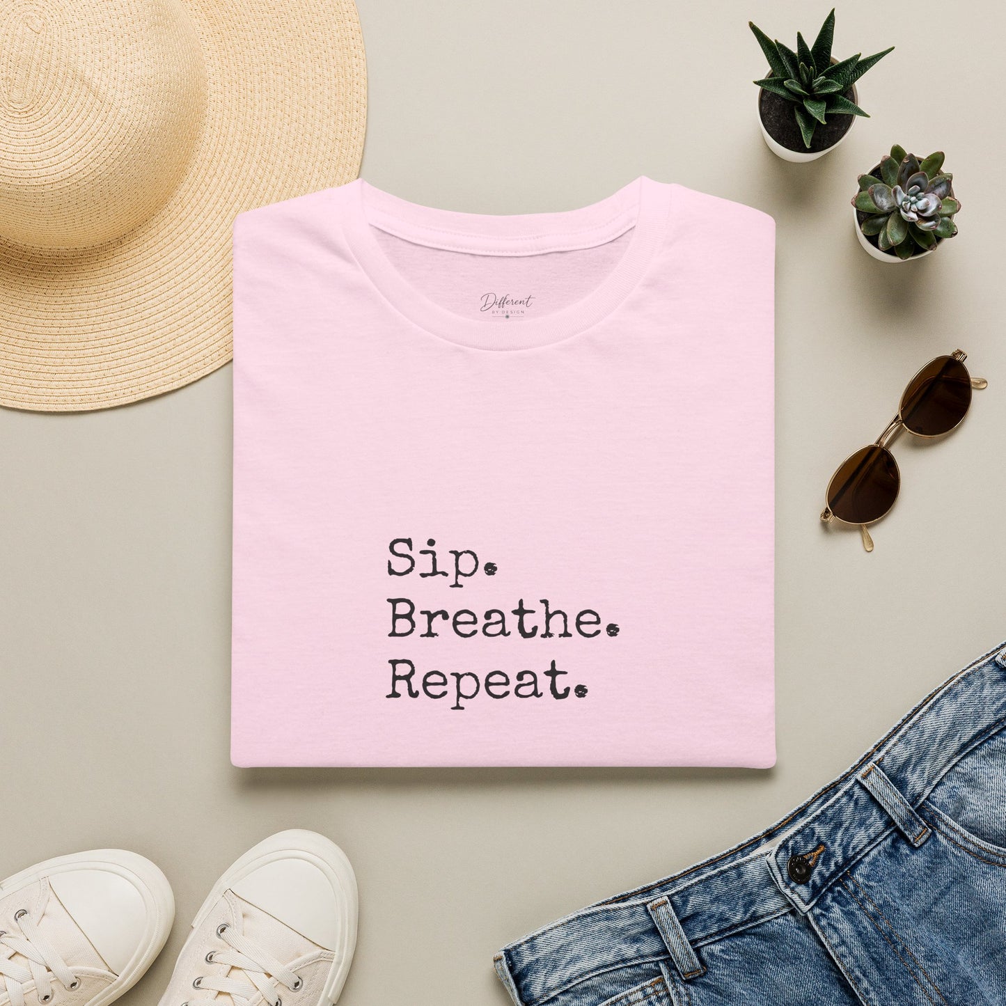 Sip. Breathe. Repeat. T-Shirt — Relaxed Minimalist Self-Care Tee