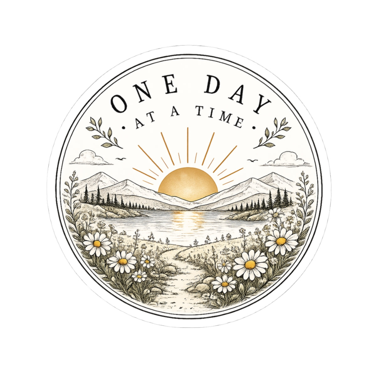 One Day at a Time Sticker — Scenic Sunrise Daisy Vinyl Sticker (Kiss-Cut)