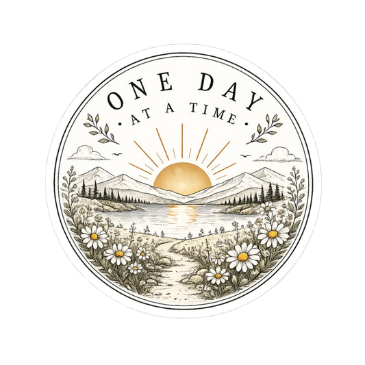 One Day at a Time Sticker — Scenic Sunrise Daisy Vinyl Sticker (Kiss-Cut)